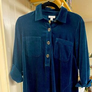 J Jill Teal Corduroy Button-Up Shirt Dress. Like new condition.